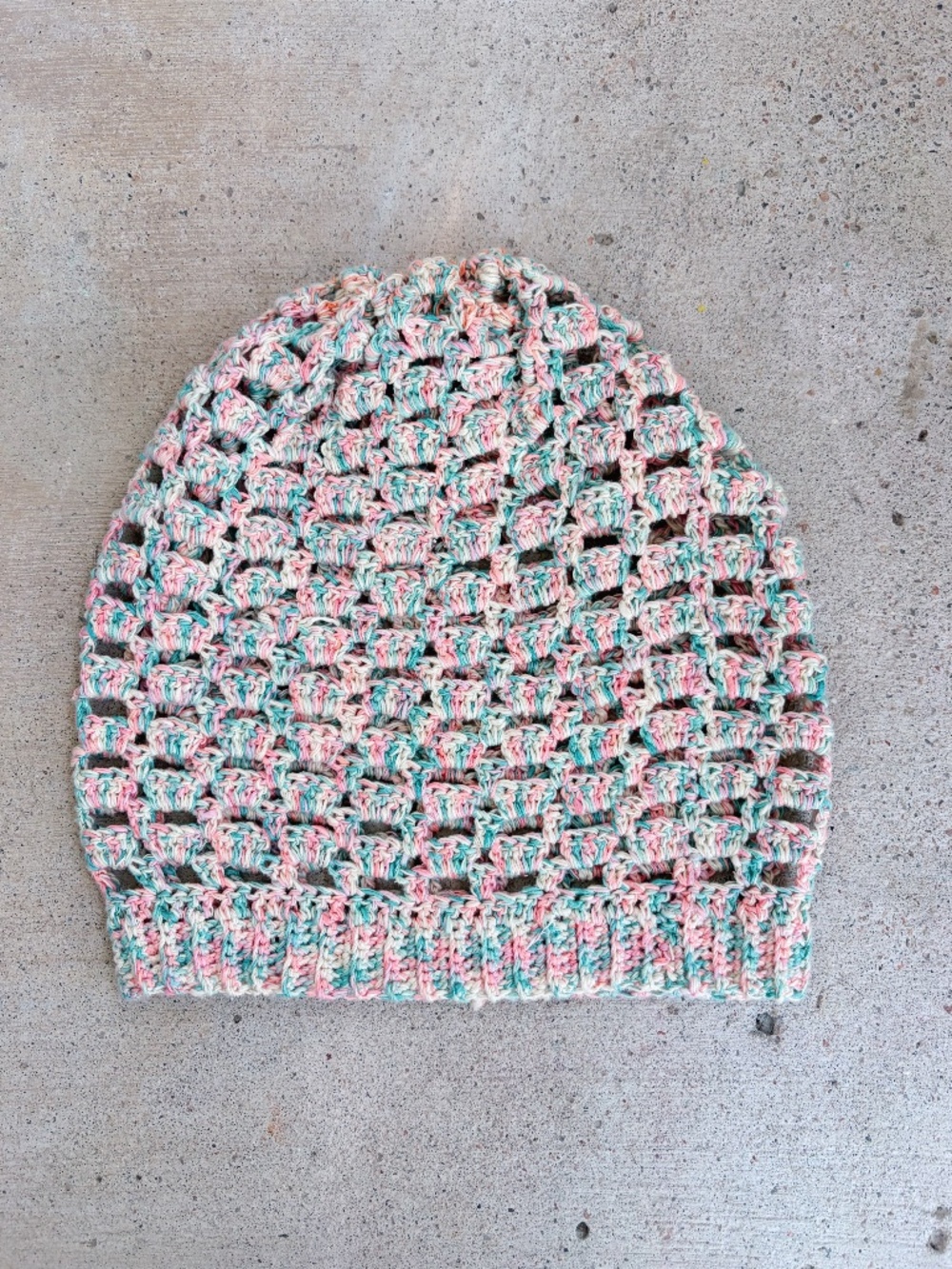 Handmade Crochet Slouchy Beanie in Recycled Pink, Mint Green, & Ivory Silk Yarn